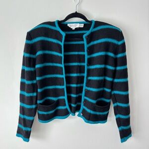Christian Dior Vintage Black Blue Striped Cardigan Wool Angora Blend Designer